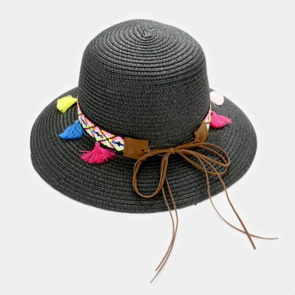 Summer Sun Hat w/ Short Brim and Tassels - Black - Picture 2 of 2